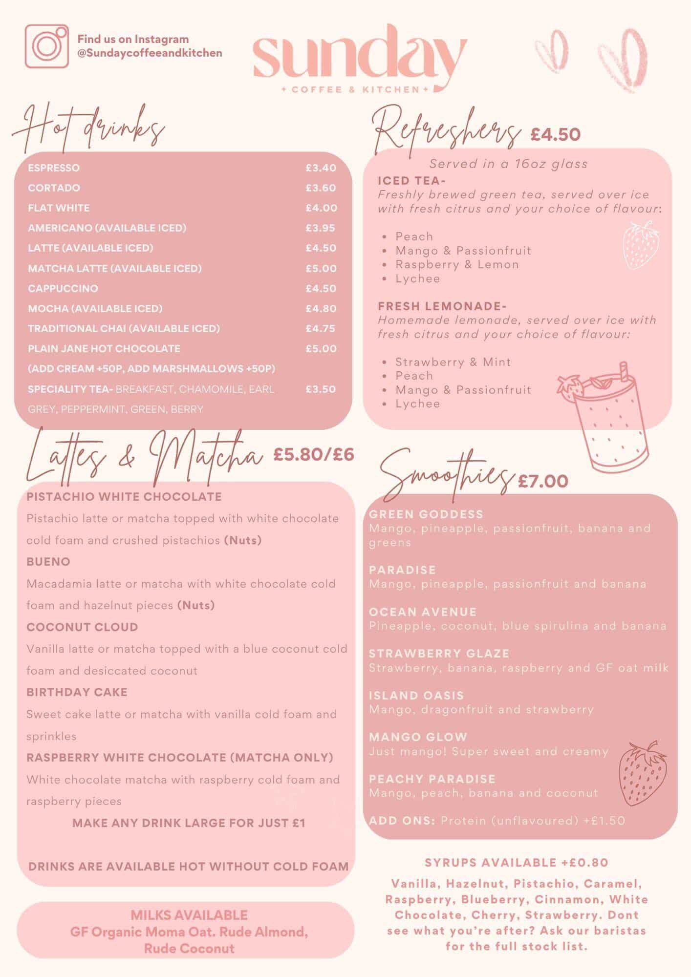 Sunday Coffee and Kitchen drinks menu