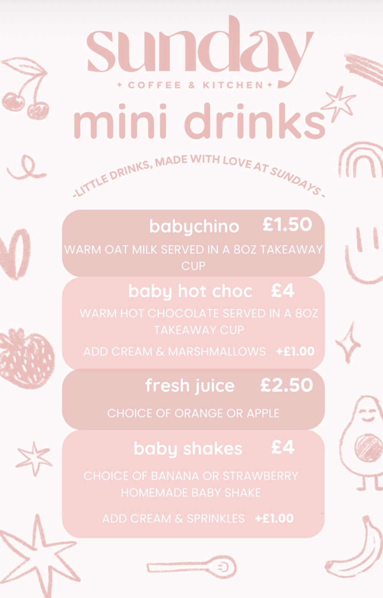 Sunday Coffee and Kitchen mini drinks menu